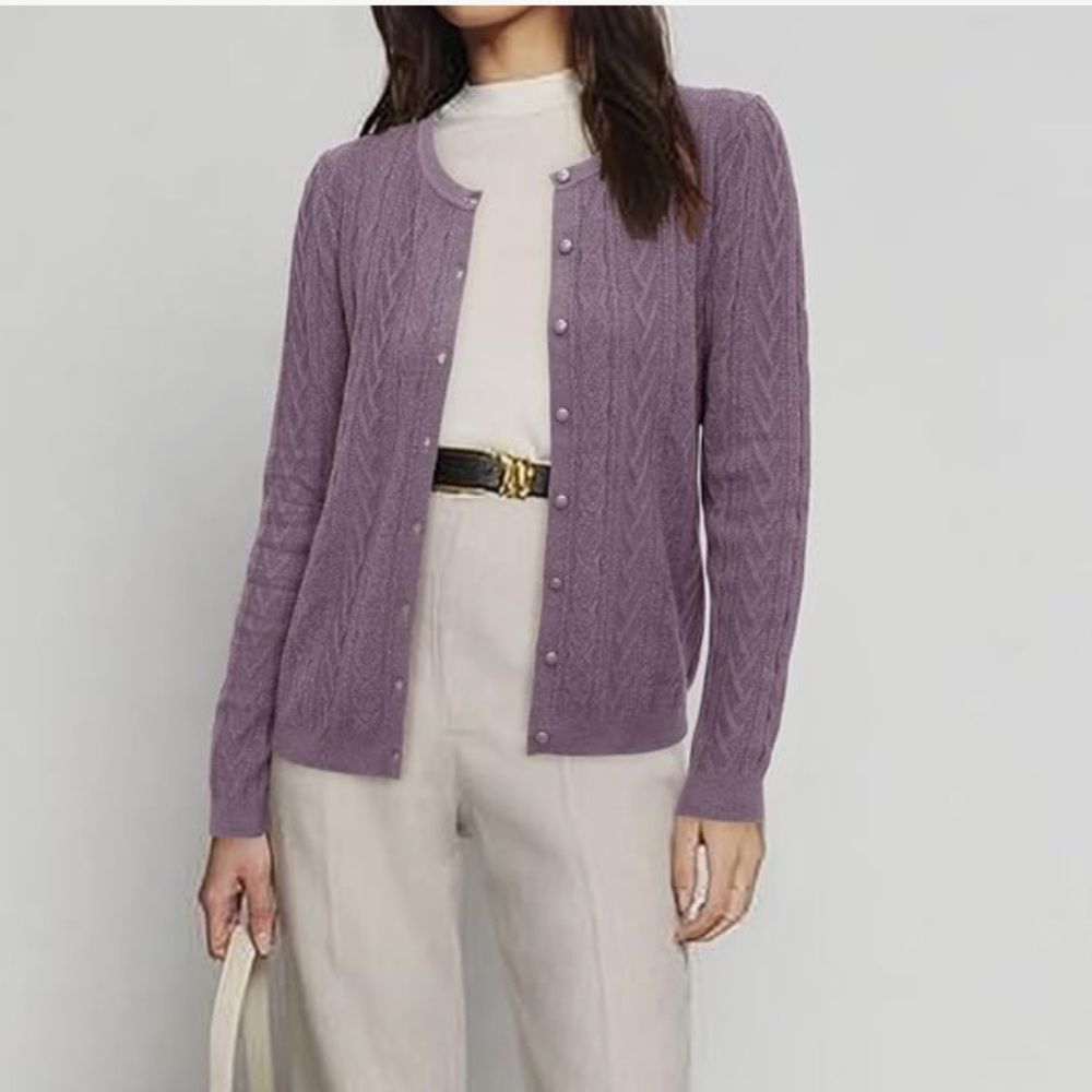 Lavender Pearl-Button Cable Knit Cardigan — Women